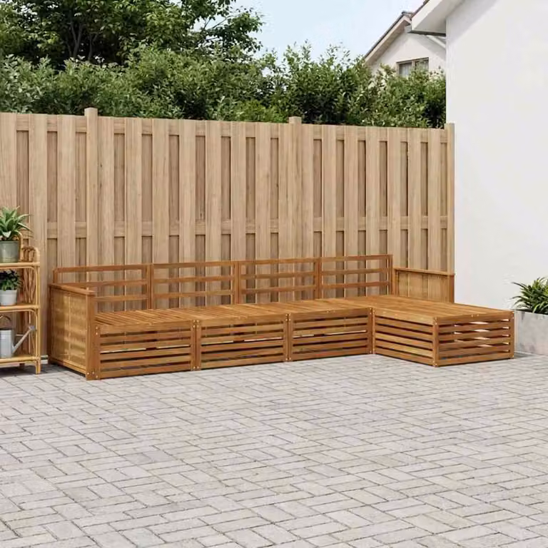 Set di divani da esterno a L vidaXL in legno di acacia massello marrone con pouf e cuscini inclusi