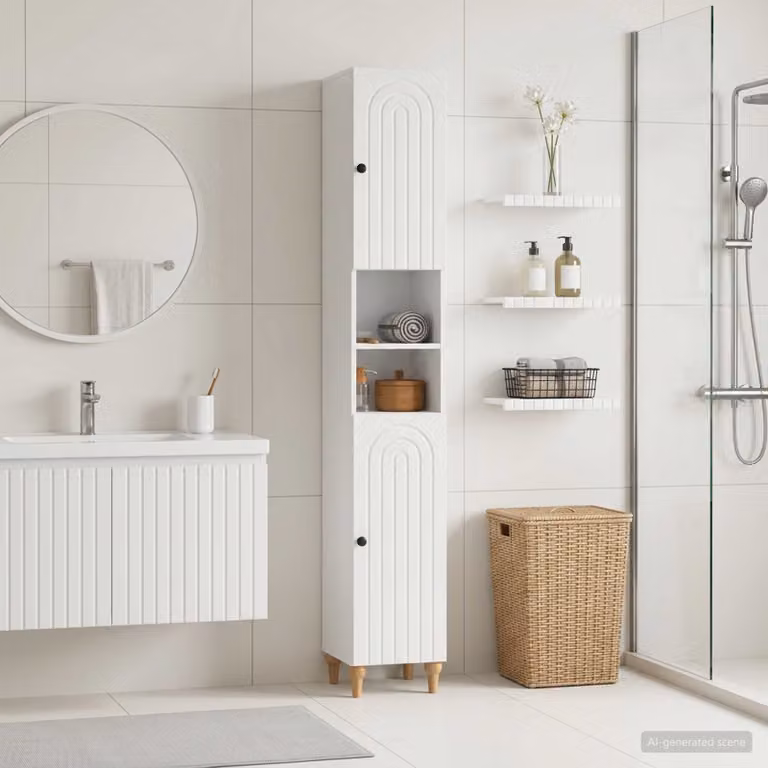 vidaXL Armadio da Bagno Moderno con Ante a Battente e Ripiano Aperto Bianco Lucido L/P/H: 30 x 23,5 x 190 cm