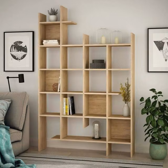 Libreria Achela moderna in legno color quercia, scaffale da parete per ufficio e soggiorno, L: 122 cm, P: 25,5 cm, H: 188 cm