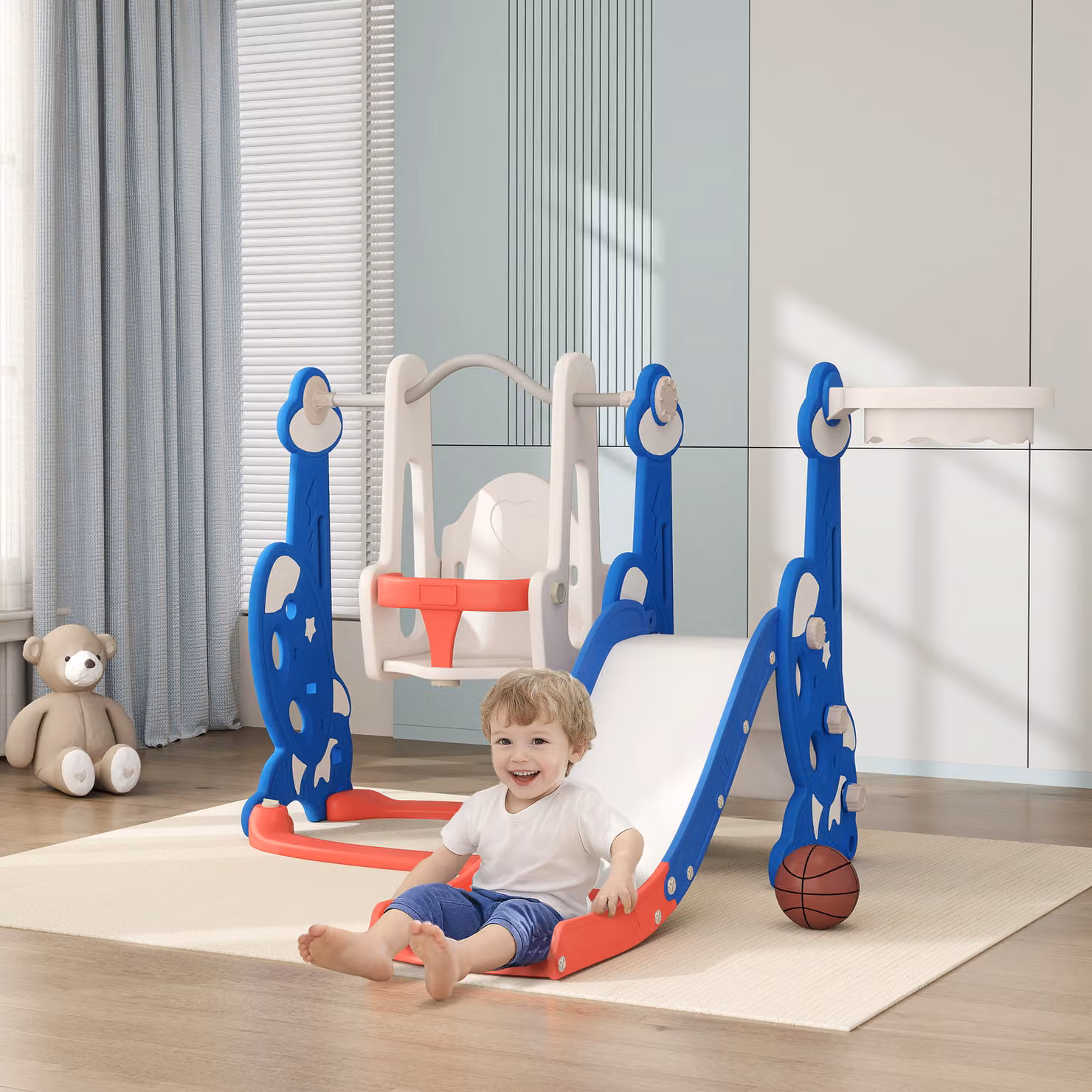 Scivolo per bambini 4 in 1 AIYAPLAY con altalena, scaletta da arrampicata e cestino da basket, blu scuro – 2