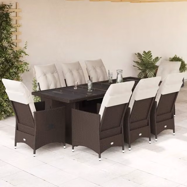 Set Bistrò da Giardino vidaXL 9 pz in Polyrattan Marrone e Bianco con Cuscini e Tavolo in Vetro