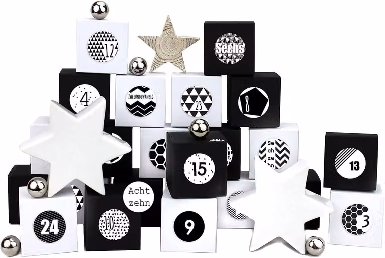 Calendario dell'Avvento 2025 da riempire: 24 scatoline in bianco e nero con adesivi numerati. Scatoline da personalizzare e decorare
