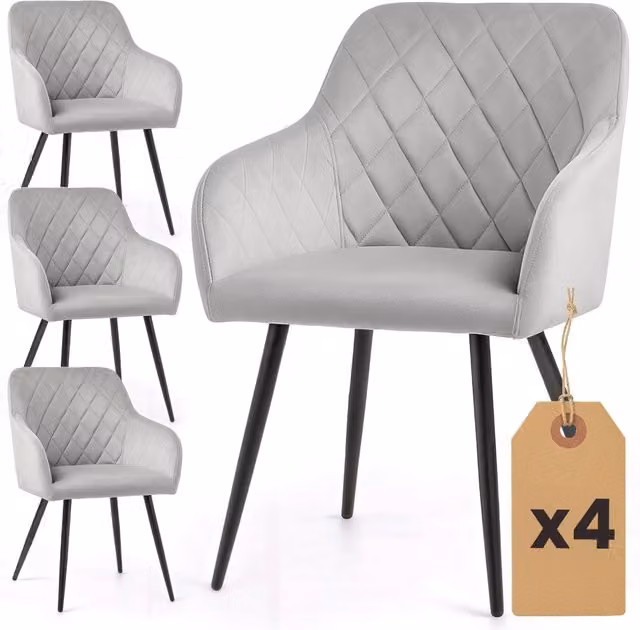 Set di 4 Sedie in velluto con cuciture a rombi VELTO Grigio gambe nere