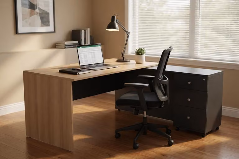 Scrivania pratica con spazio contenitivo e design moderno, realizzata in legno