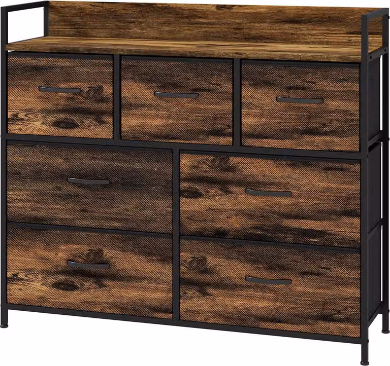 Comò, credenza, 7 cassetti in tessuto, con maniglia, ripiano, armadio portaoggetti, struttura in acciaio, stile industriale, camera da letto, marrone rustico