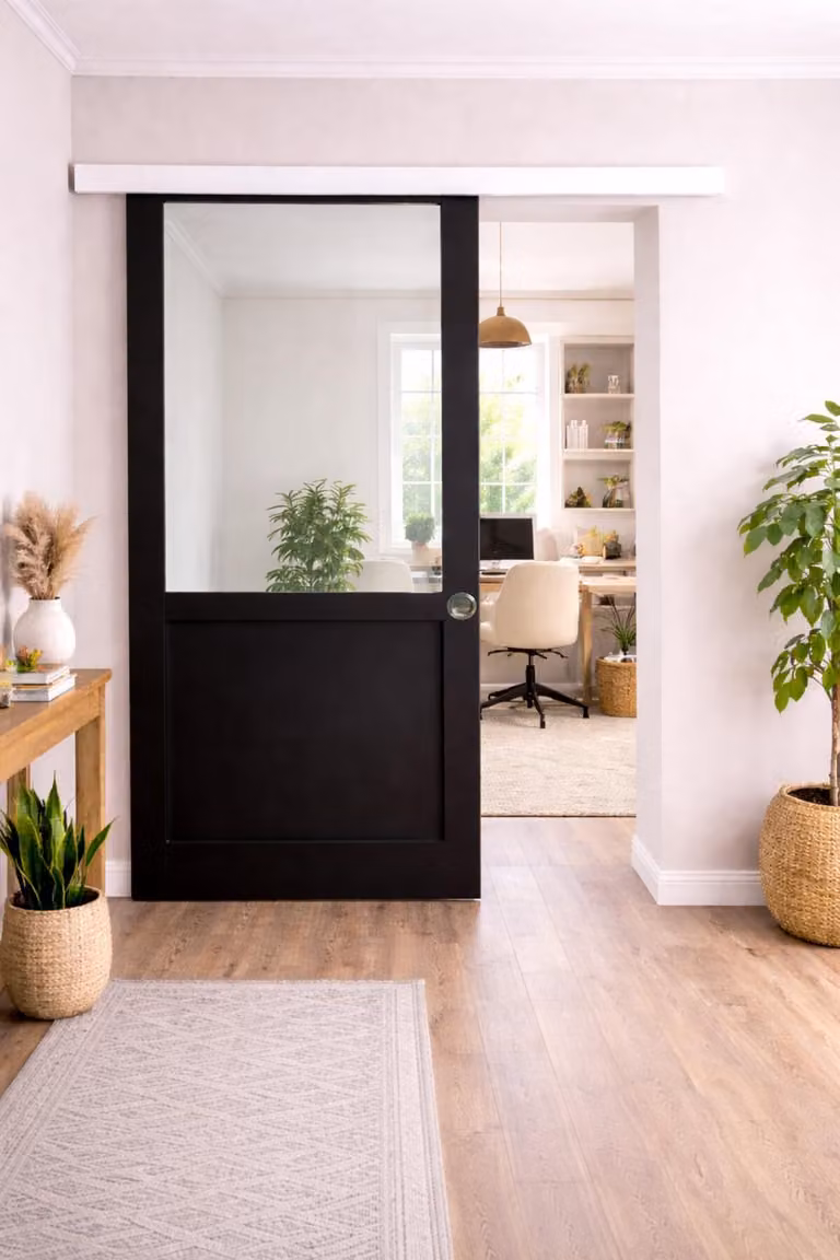 Porta scorrevole da officina nera senza montante H204 x L93 cm, binario in alluminio con fascia bianca, conchiglie Gd Menuiseries