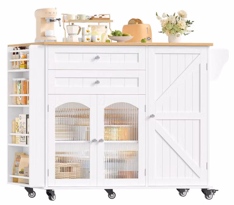 Isola da cucina su ruote - Carrello da cucina - Piano di lavoro ribaltabile 132x40x97,5 cm - Scaffale per spezie - Portasciugamani - Bianco
