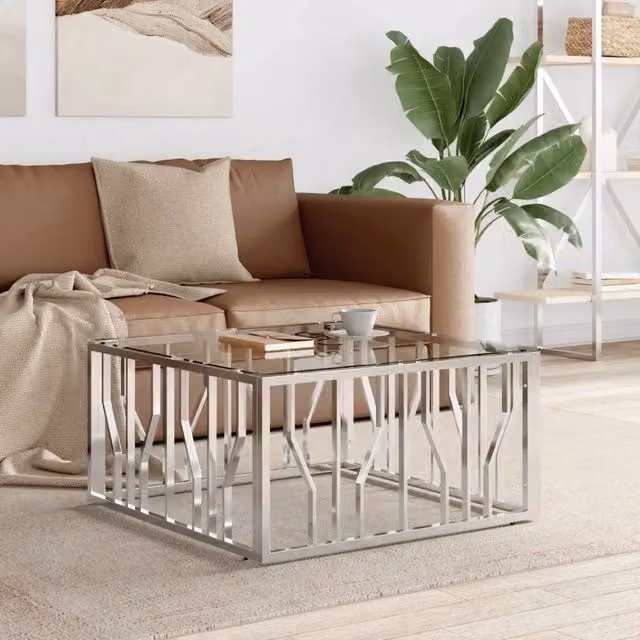 Tavolino da Salotto 80x80x40 cm in Acciaio Inox e Vetro 350057