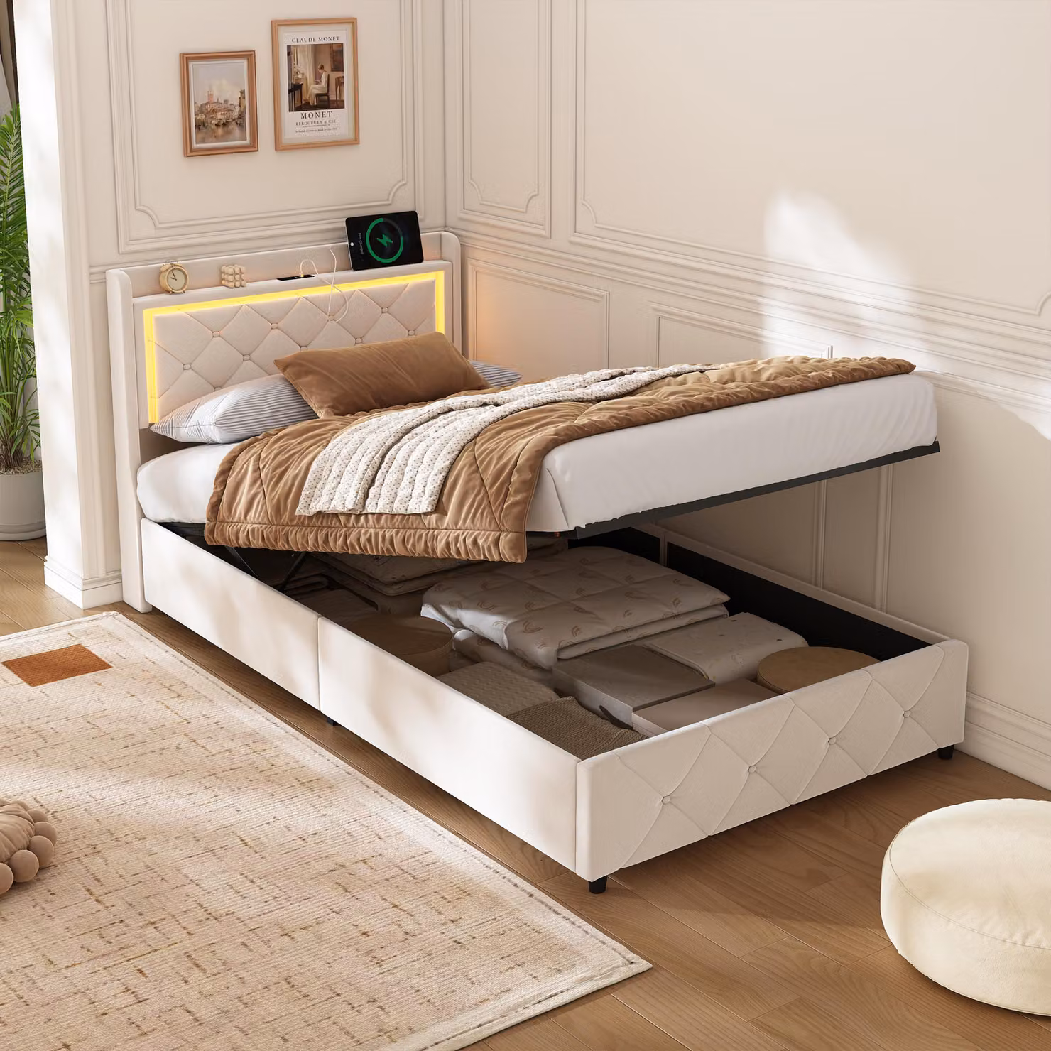 Letto imbottito ProximaX letto singolo 90x200 cm con connessione USB e luce LED, letto idraulico con contenitore e testata, struttura letto giovanile con rete a doghe, velluto, beige