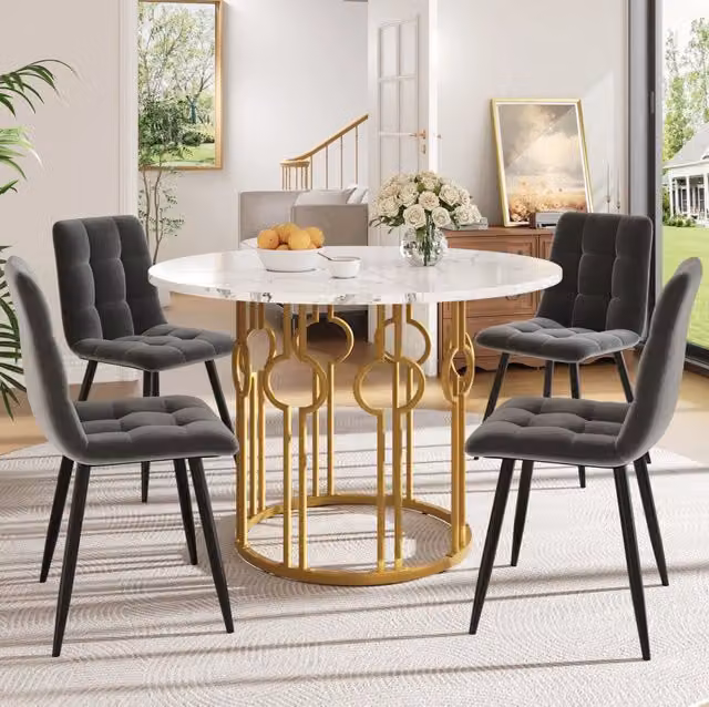 Set tavolo da pranzo rotondo 100 cm + 4 sedie in velluto grigio scuro