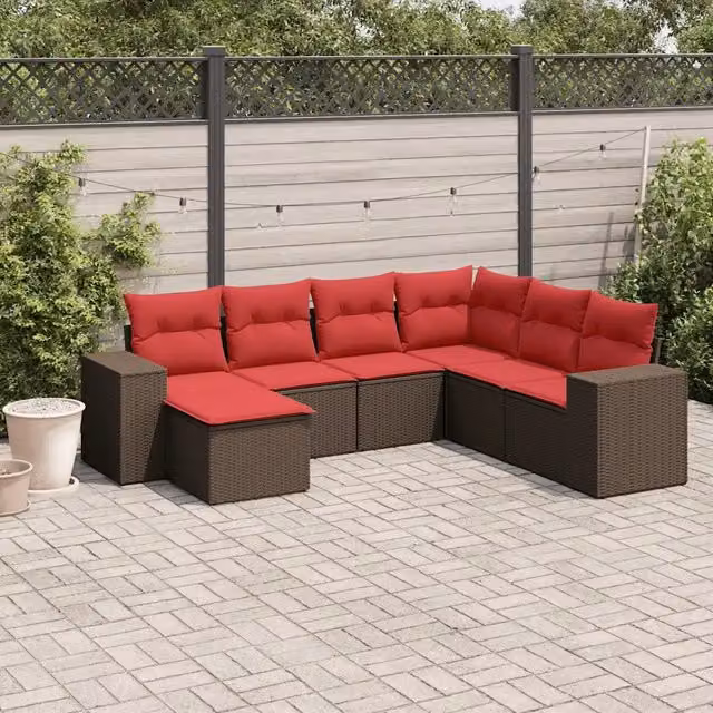 Set di Divani da Giardino L-Shape vidaXL in Polyrattan Marrone con Cuscini e Ottoman, 7 Pezzi