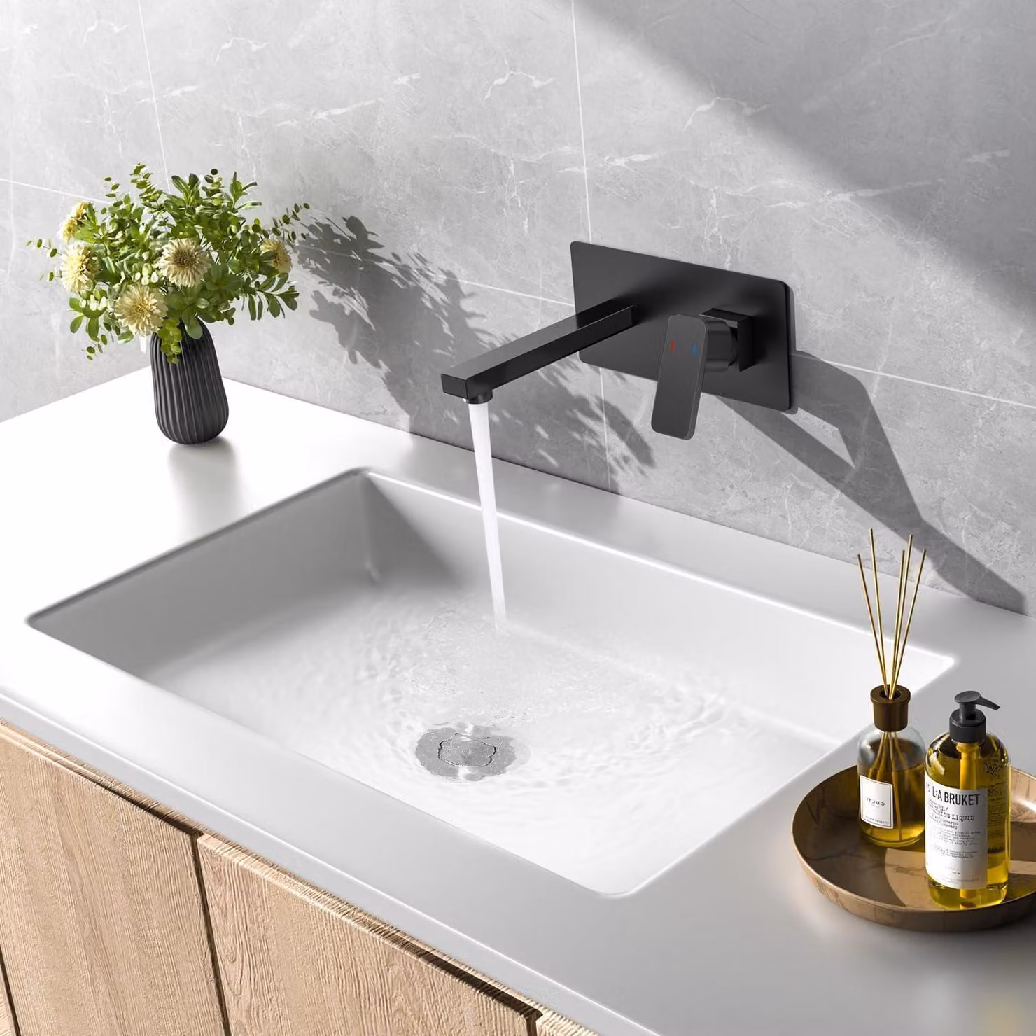 Miscelatore per lavabo da incasso, colore nero, montaggio a parete con 2 fori, bocchetta rettangolare, acciaio inossidabile 304