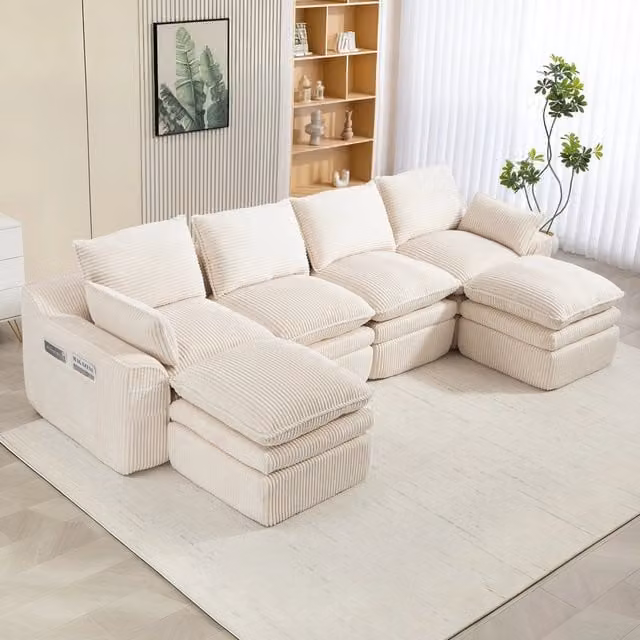 Divano modulare componibile a 4 posti OKWISH in velluto a coste beige con cuscini, ideale per soggiorno o ufficio, L: 335 cm, P: 85 cm, H: 94,8 cm
