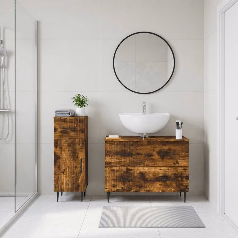 Set di mobili da bagno vidaXL HAARLEM composto da 2 pezzi, mobile lavabo e mobileto laterale, Rovere Fumo, design moderno con ante a cerniera e cassetti interni, L/P/H: 82,0 x 33,7 x 59,0 cm e 41,0 x 33,7 x 82,0 cm