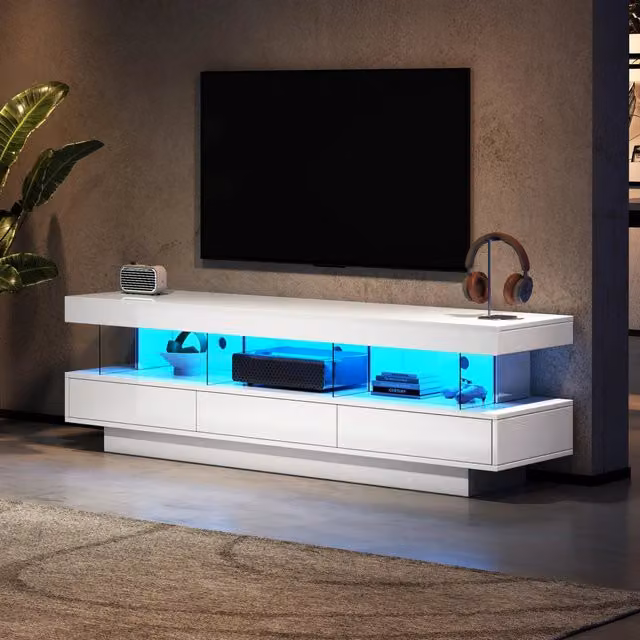 Mobile TV moderno WISHDOR bianco lucido con illuminazione LED integrata e vani in vetro, L 160 x P 38 x H 50,5 cm – 1