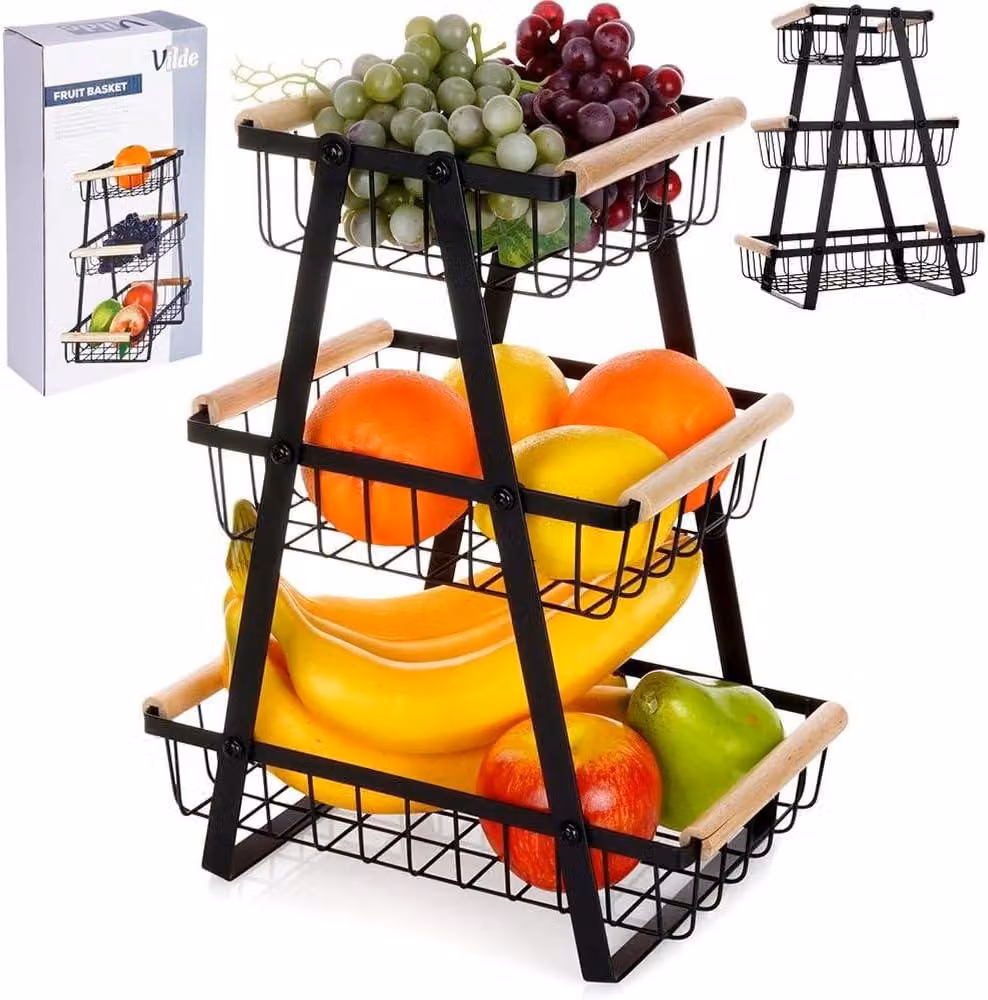 Cesto portaoggetti in metallo, a 3 livelli, nero, dimensioni 28 x 17,5 x 34,5 cm, ideale per frutta e verdura