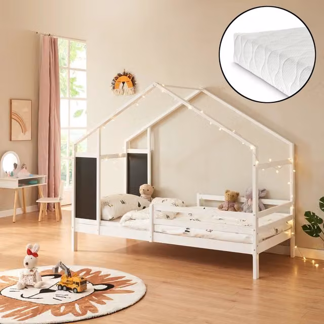Letto a casetta Lorenskog en.casa per cameretta in legno di pino con materasso e barriera anticaduta, Bianco, L/P/H: 200 x 90 x 105 cm