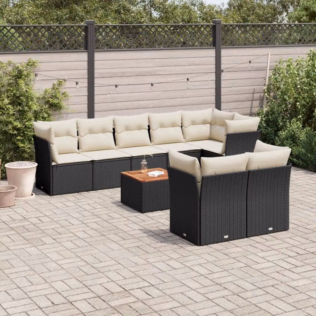 vidaXL Set Divani da Giardino 9 pz a Forma a L con Cuscini e Tavolino da Caffè Nero in Polyrattan e Acciaio – 1