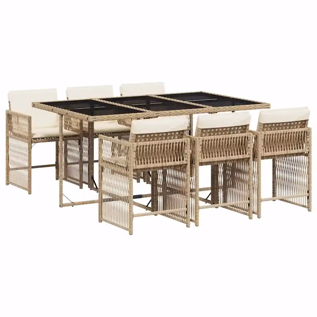 vidaXL Set da Pranzo da Giardino 7 pz in Polyrattan con Cuscini Beige e Piano in Vetro – 2