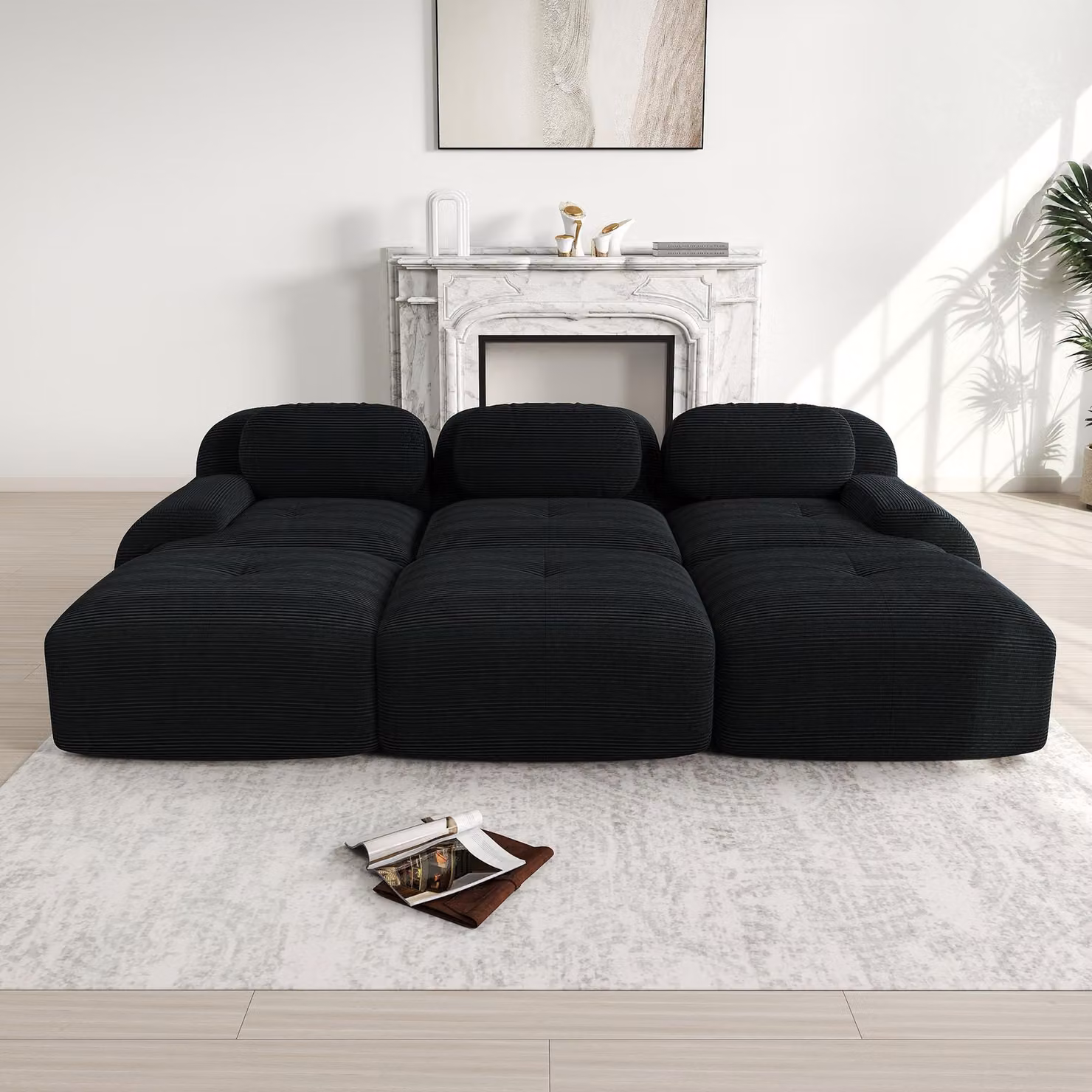 Divano modulare a 3 posti "Cord" con 3 poggiapiedi, divano senza struttura in colore nero con poggiapiedi, adatto agli animali domestici e senza necessità di montaggio, dimensioni 298x178x70 cm
