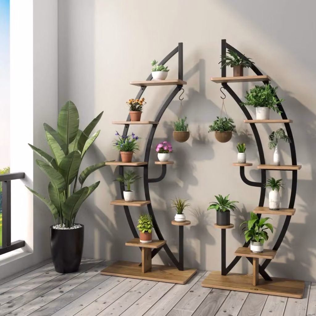 Set di 2 scaffali per piante Design Mania in metallo e MDF, struttura a mezza luna curva con 7 livelli e gancio superiore, colore Nero opaco, H: 155 cm x L: 60 cm x P: 30 cm – 2