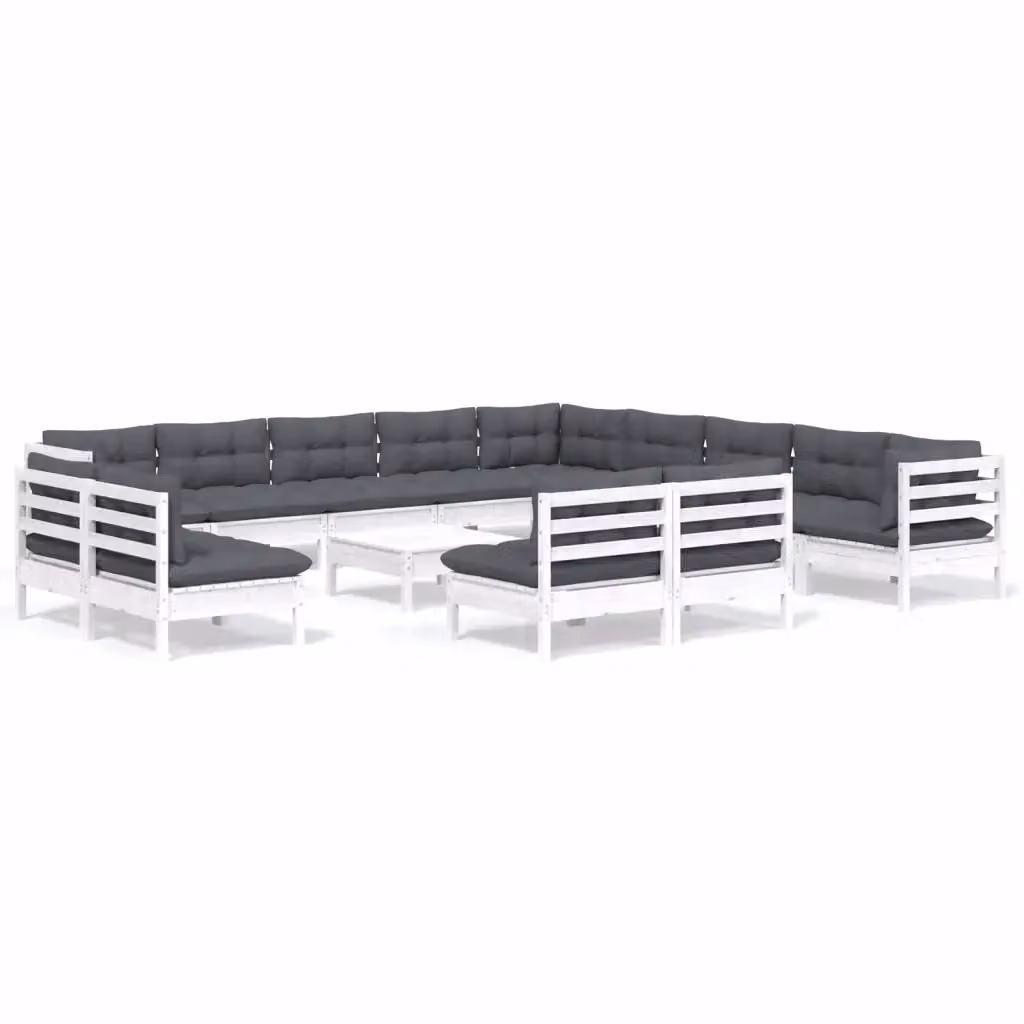 Set di Divani da Giardino a Forma di U vidaXL in Legno di Pino con Cuscini Bianchi e Antracite, 14 Pezzi – 2
