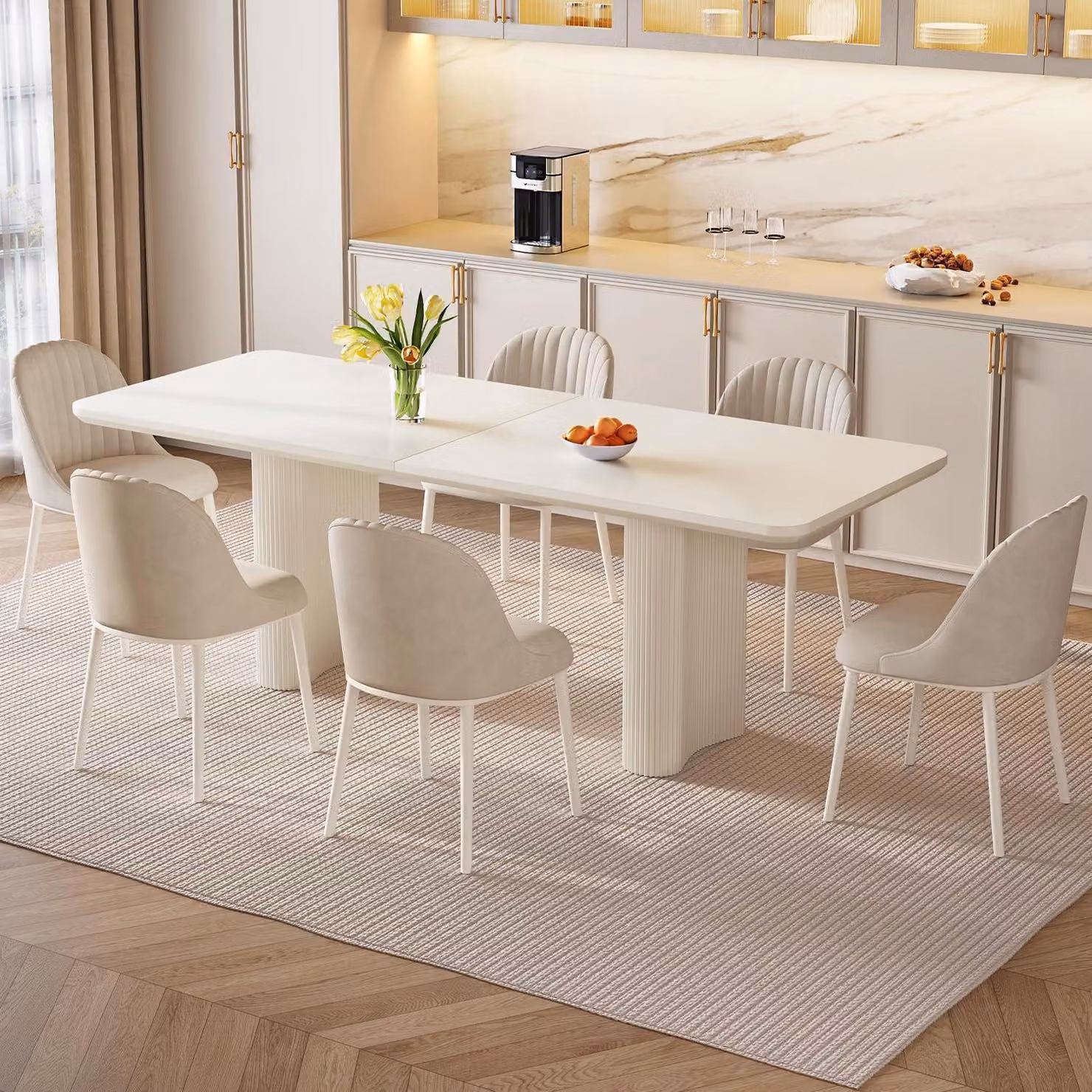 Tavolo da pranzo con 6 sedie, 200 cm di lunghezza, colore crema, angoli arrotondati, struttura stabile