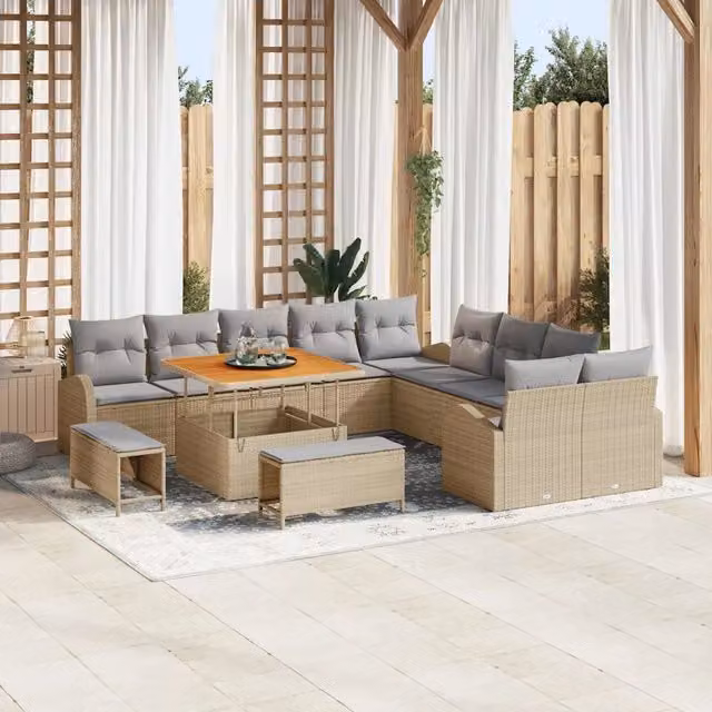 Set Divano da Giardino vidaXL a Forma a U con 13 Pezzi, Colore Grigio e Beige, in Acciaio Verniciato a Polvere e Legno di Acacia – 1