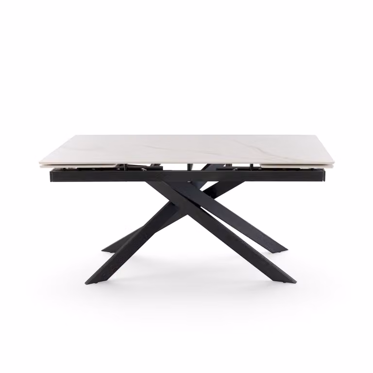 Tavolo allungabile BEVERLY HILLS con piano in ceramica effetto calacatta oro e gambe incrociate in metallo verniciato nero, 160x90x76 cm – 240x90x76 cm