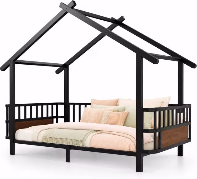 Letto per bambini a casetta 90x200 cm con sponde di sicurezza in metallo nero
