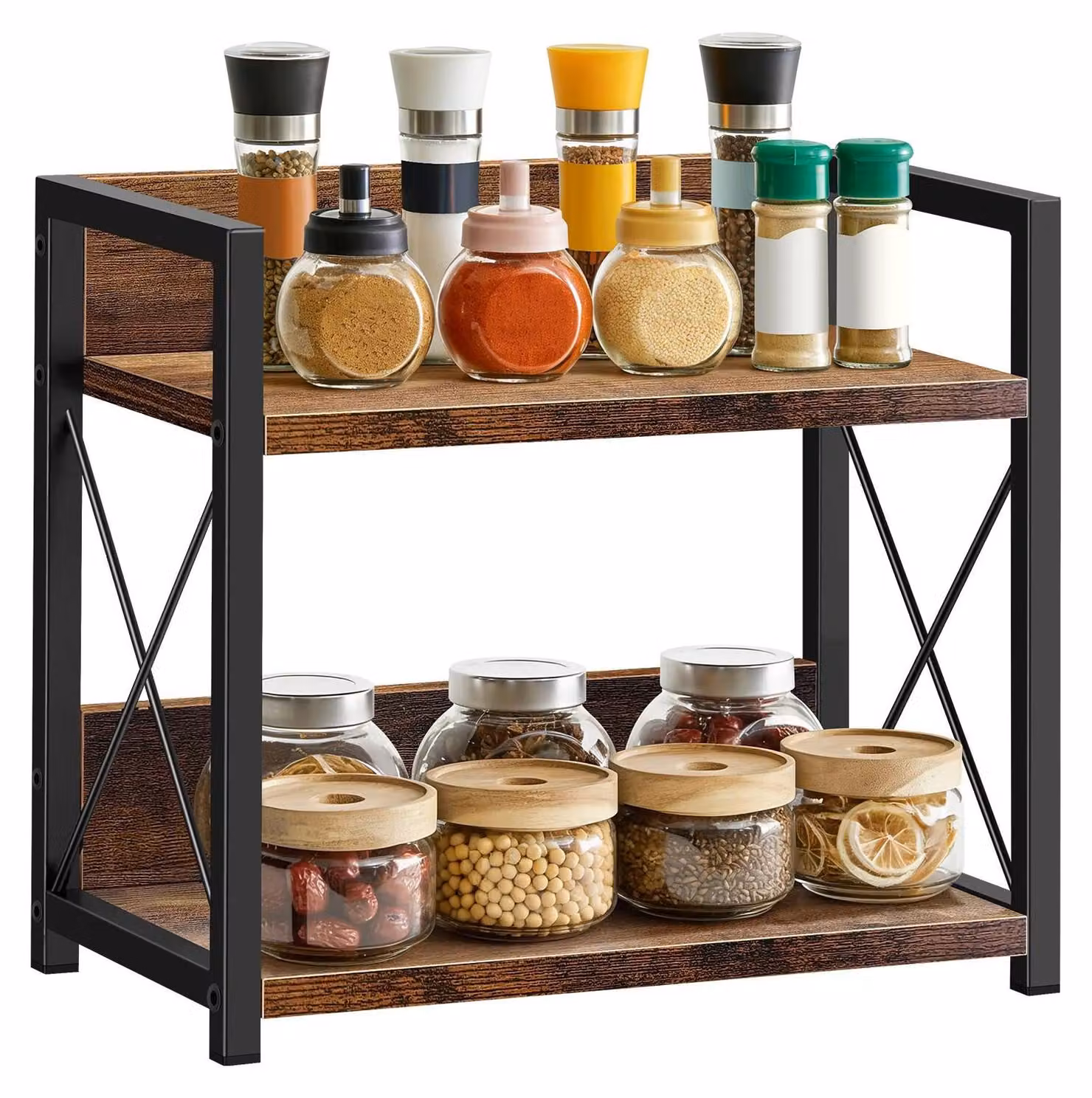 Scaffale per spezie - Scaffale da cucina a 2 piani - Organizer per piani di lavoro - In legno - Per spezie, oli, accessori per il caffè - Scaffale multiuso per la conservazione