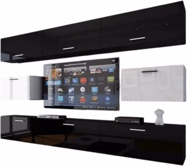Set di mobili da soggiorno nero e bianco sospesi collezione CEPTO VII 249cm, 8 porte, modulari.