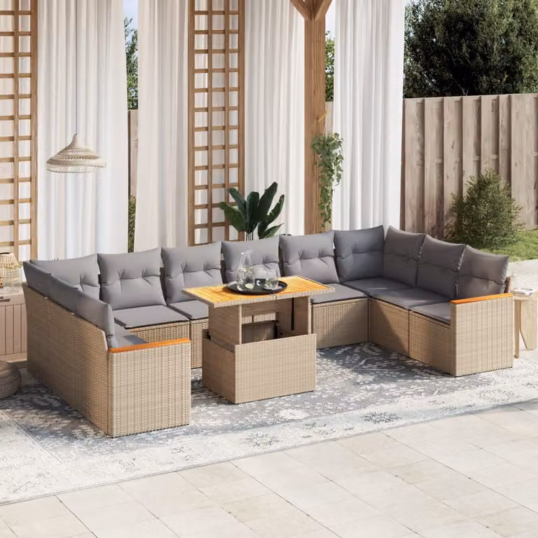 Set di divani da giardino vidaXL in polyrattan beige con cuscini, tavolo e sedute a forma di L per esterno