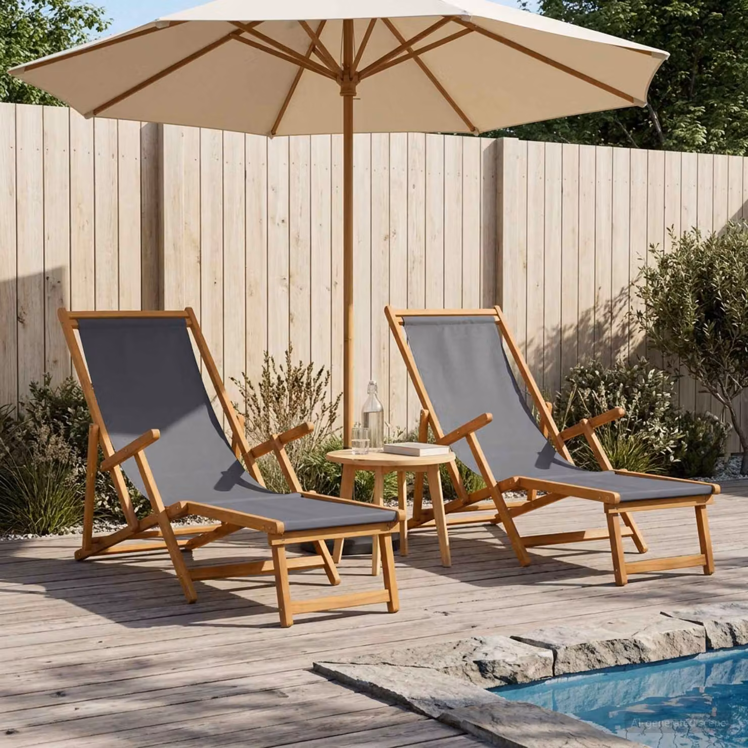 Set di 2 lettini prendisole pieghevoli vidaXL in legno di acacia con schienale regolabile e tessuto grigio resistente ai raggi UV