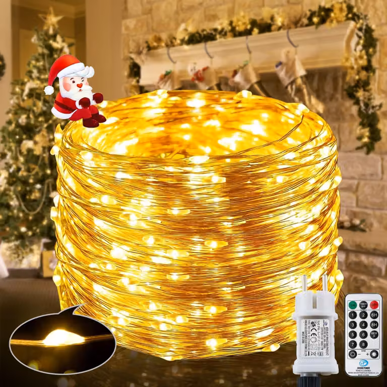 Catena luminosa a LED, 200 LED, 23 metri, luce bianco caldo, grado di protezione IP65, con telecomando