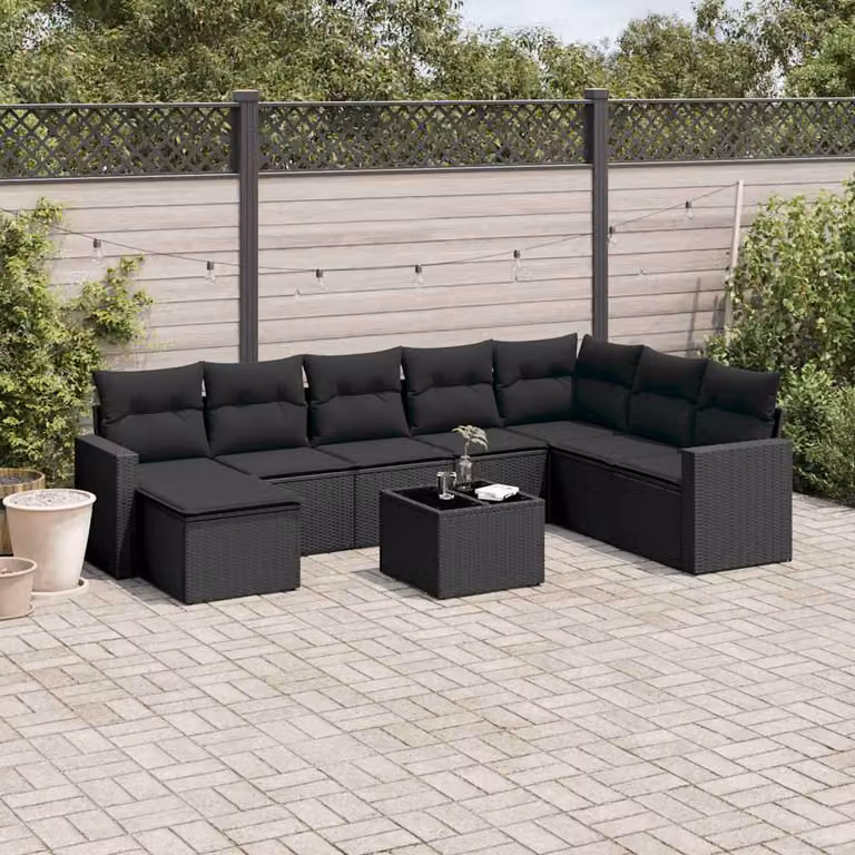 vidaXL Set Divani da Giardino 9 pz a Forma a L con Cuscini e Tavolino Nero in Polyrattan e Acciaio
