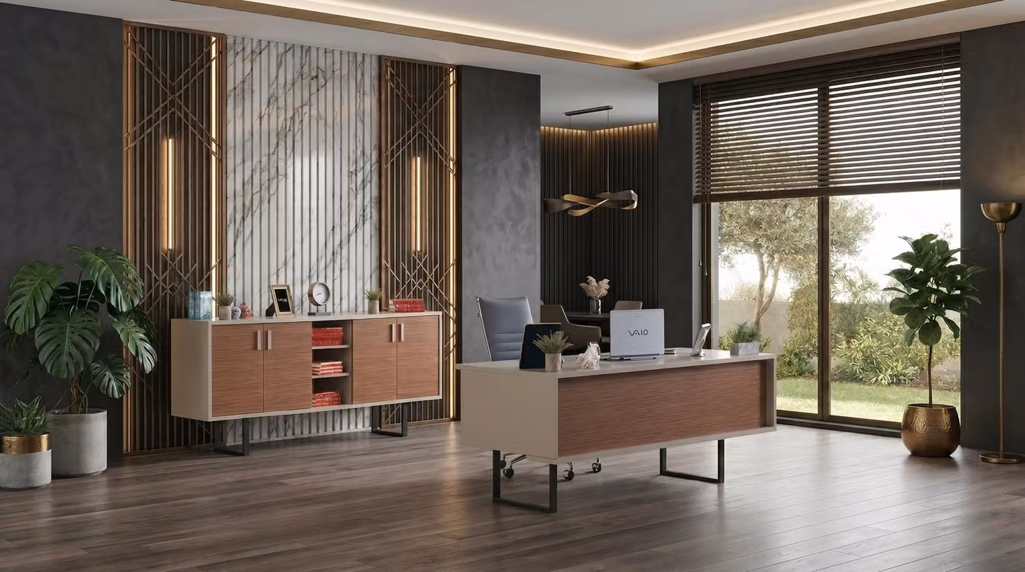 Set da ufficio color beige, composto da una scrivania grande, un armadio e elementi moderni per l'arredamento di uno studio