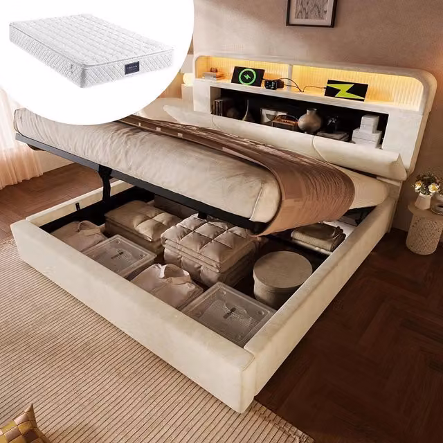 Letto Matrimoniale Idraulico 140x200cm - Xylo - Testiera Regolabile LED con USB, Velluto Beige