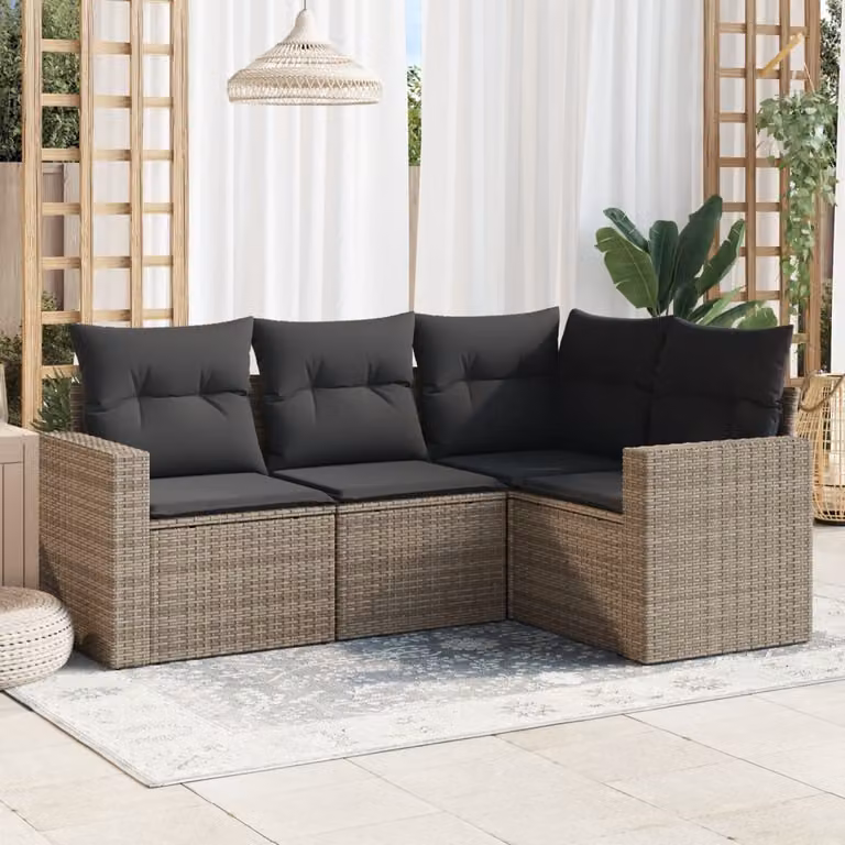 vidaXL Set Divani da Giardino a L 4 pz in Polyrattan Grigio con Cuscini Imbottiti e Coperture Rimovibili