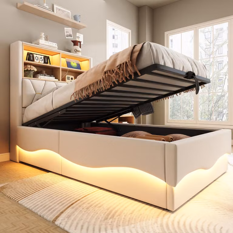 STILVORA 90x200 Letto imbottito con comodino e interfacce di ricarica USB, letto per ragazzi con luce LED tramite controllo APP, letto matrimoniale con rete a doghe metalliche, Lino, senza materasso, Beige