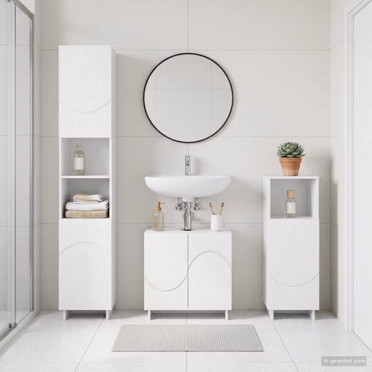 Set di mobili da bagno moderno vidaXL in 3 pezzi bianco opaco in legno MDF composto da mobile lavabo, colonna alta e pensile