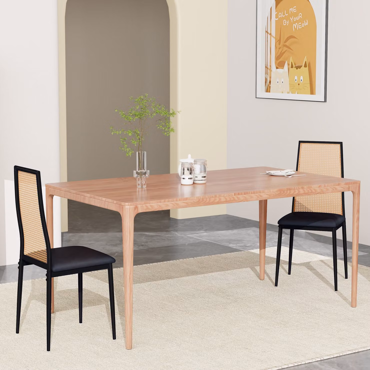 Sedia da pranzo in rattan, imbottita, senza braccioli, stile moderno, gambe in metallo, nero
