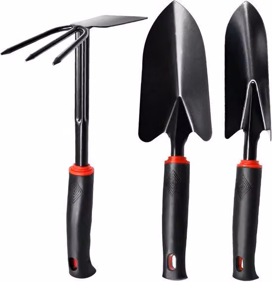 Set di attrezzi da giardino composti da quattro pezzi con impugnature antiscivolo - Attrezzi in acciaio di alta qualità per la cura delle piante, i lavori in giardino e la zappatura (zappa, carriola per piante, carriola doppia)