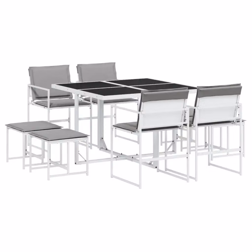 Set da Pranzo da Giardino vidaXL 9 pz in Acciaio Verniciato e Vetro Bianco e Grigio – 2