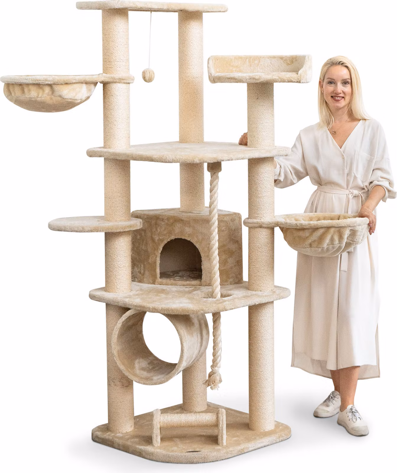 HAPPYPET Tiragraffi per gatti grande 181 cm di altezza - Albero per gatti ad arrampicata stabile, tronchi spessi con 11 cm, crema