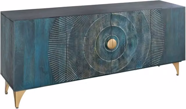 Buffet Solaris Meublorama in legno e MDF laccato blu e oro con decorazioni astratte per soggiorno o sala da pranzo