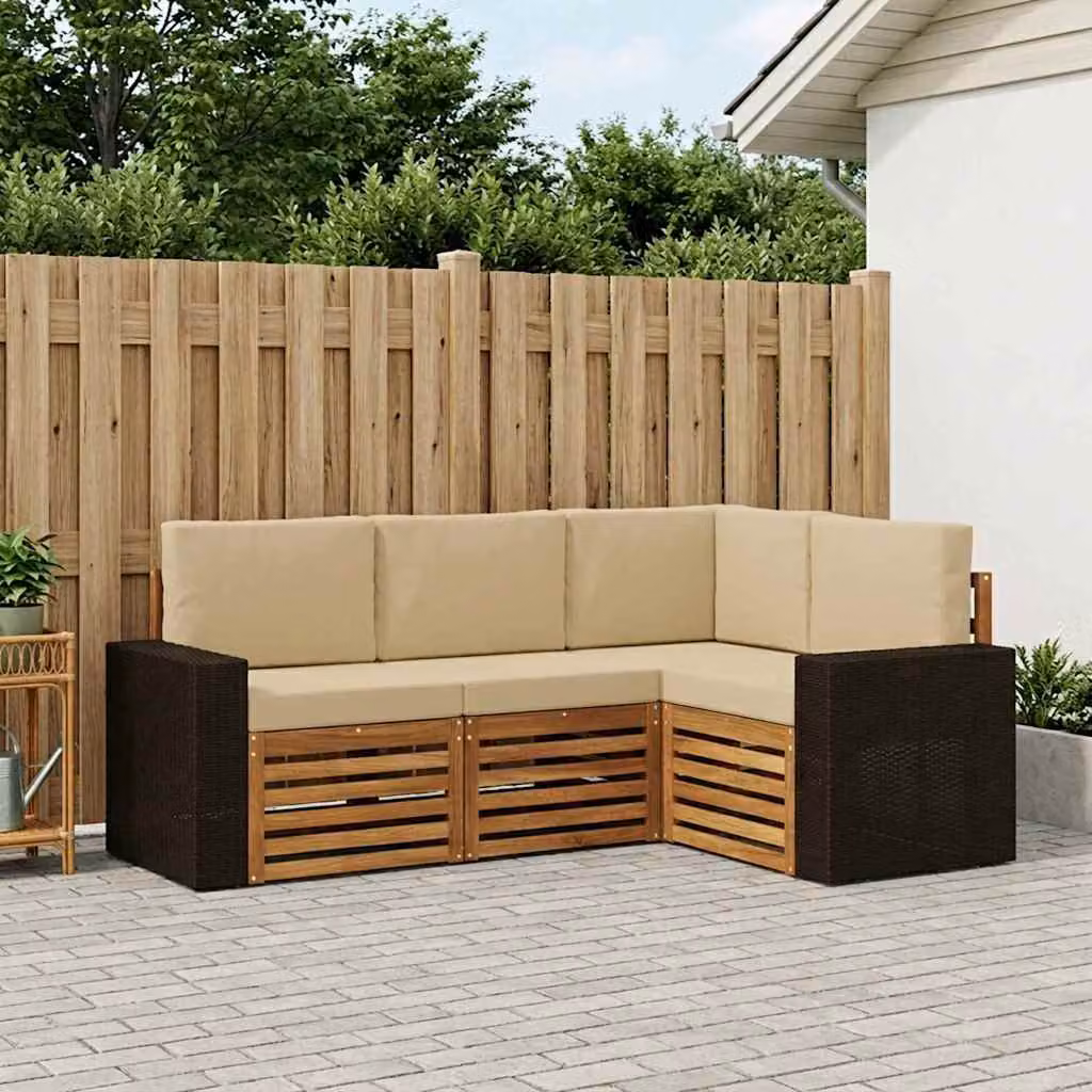 Set di divani da esterno a L vidaXL in legno di acacia con cuscini beige e marroni
