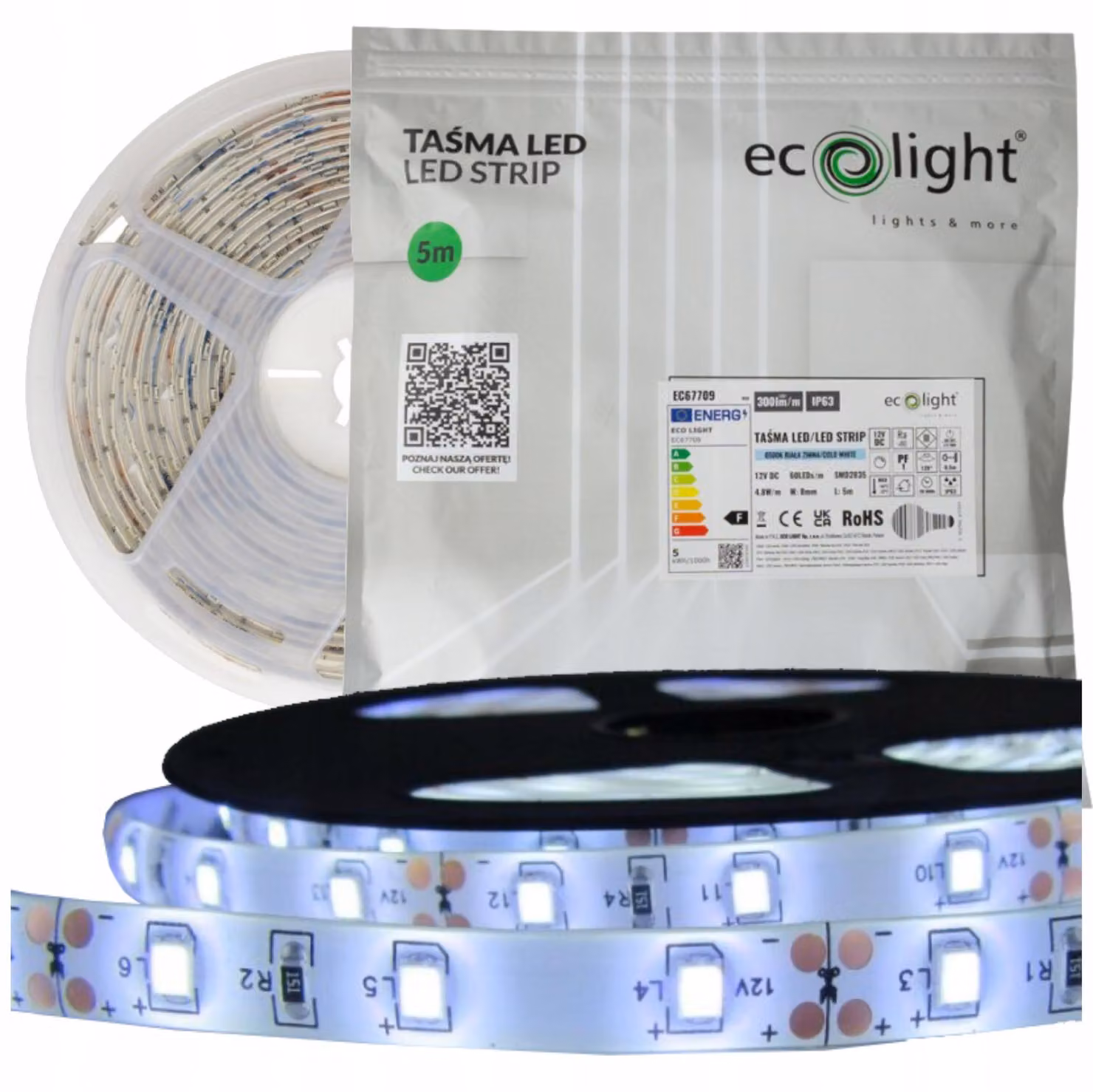 Nastro LED bianco freddo 24W 6500K 300XSMD3528 IP65 EC67709 Rotolo da 5 metri