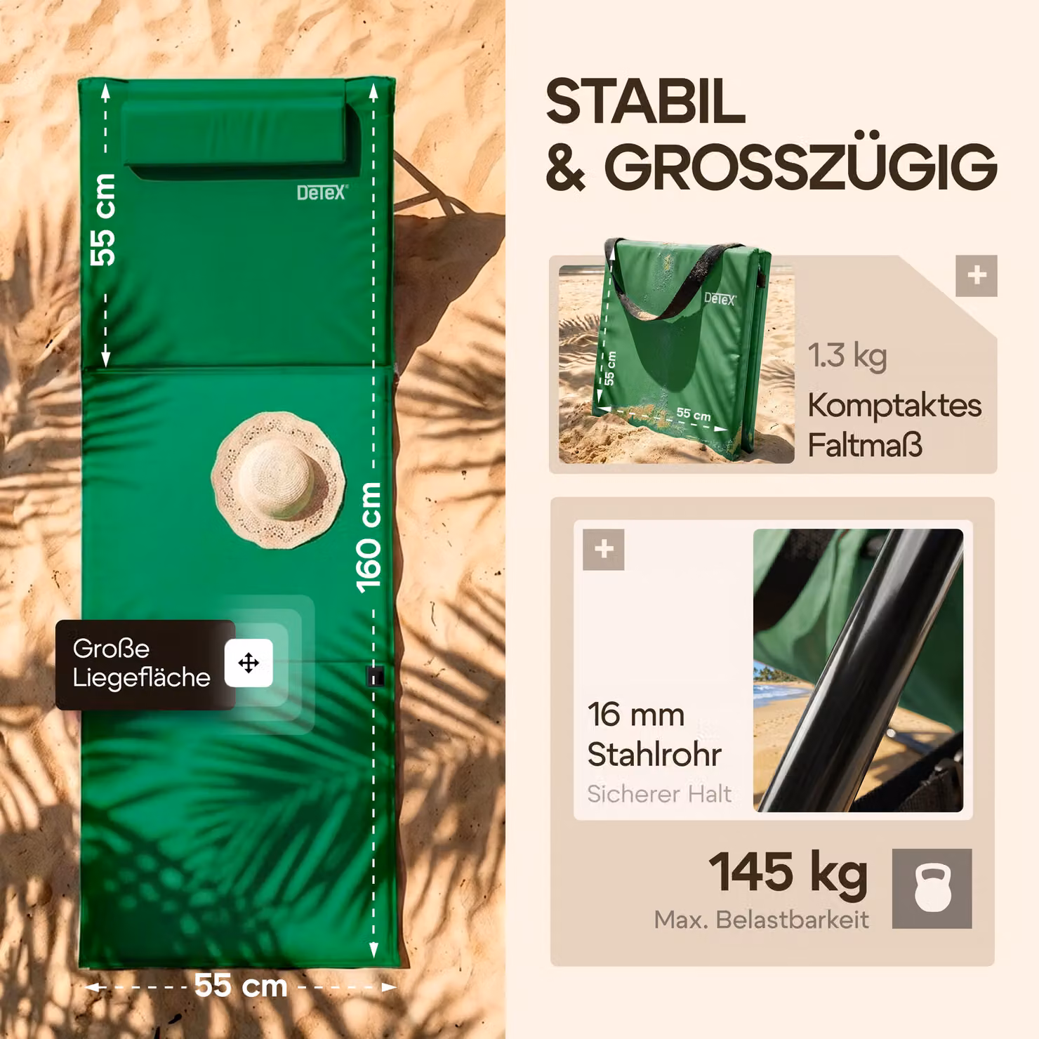 Stuoia da spiaggia con schienale regolabile verde o rosa in tessuto outdoor e struttura in acciaio verniciato L: 185 cm, P: 56 cm – 2