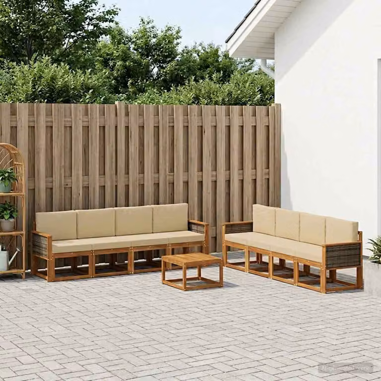 vidaXL Set di divani da esterno 9 pz in legno di acacia con cuscini, Beige e Marrone